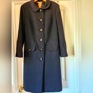 TORY BURCH Black Peter Pan Collar Logo Buttons Up Pockets Trench Overcoat Coat